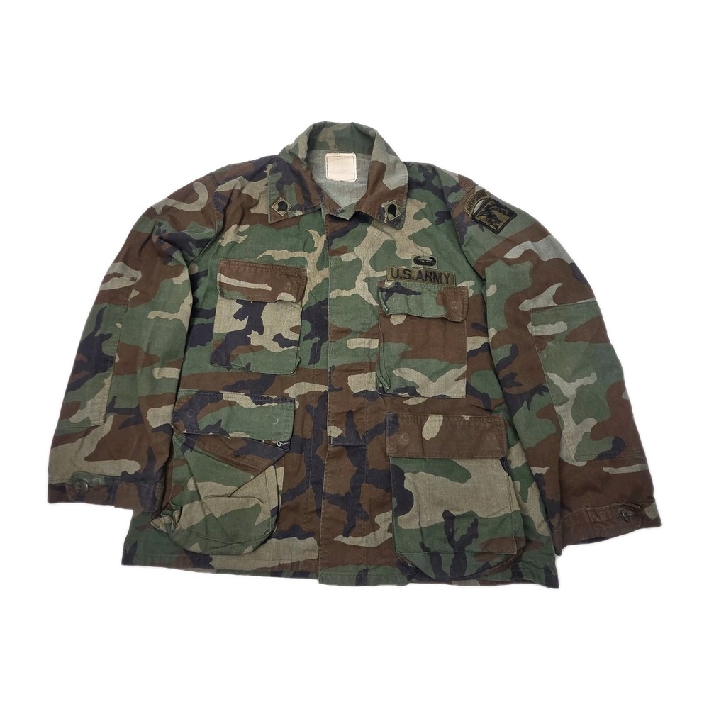 VTG US Army Field Jacket Mens Green Woodland Camouflage Combat Coat AIRBORNE